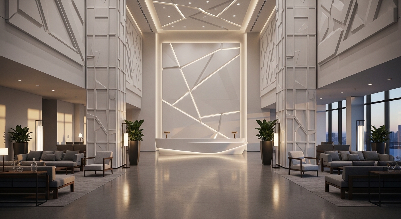 Lobby de hotel con acabados de GFRG de MXUD