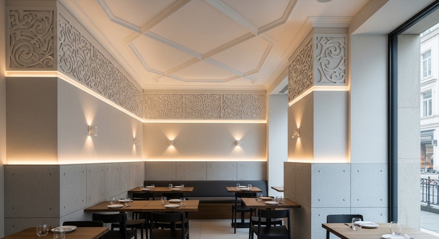 Restaurante con molduras y paneles decorativos de MXUD